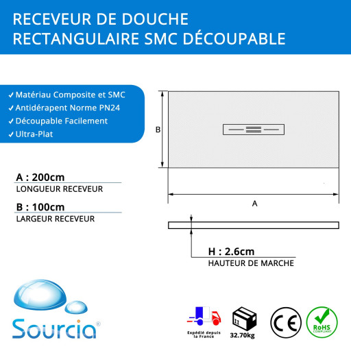 Receveur de douche BLANC extra-plat AQUALITE ULTRASLIM  200x100 - Bonde Centrale Rectangulaire