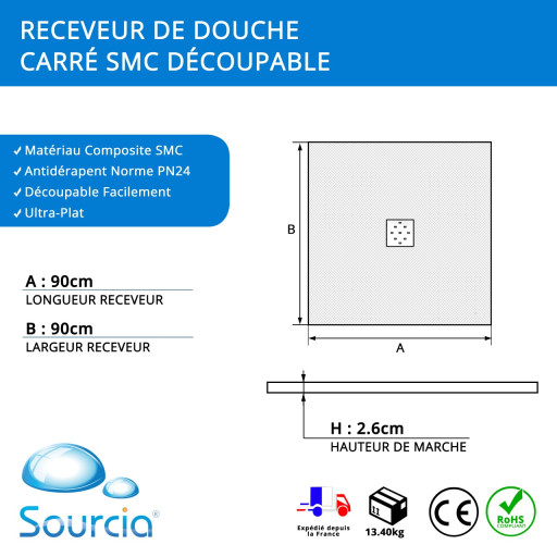 Receveur de douche BLANC extra-plat AQUALITE ULTRASLIM  90x90 - Bonde Centrale Carre